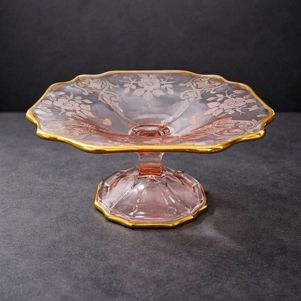 Cambridge Apple Blossom #744 Peach Blo Pink Footed Compote Gold Trim 5.25”